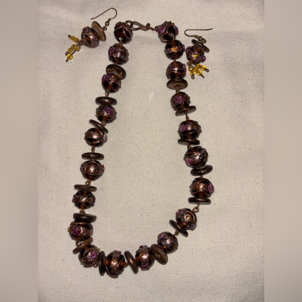 Copper and Painted Glass Necklace and Earrings Art Jewelry